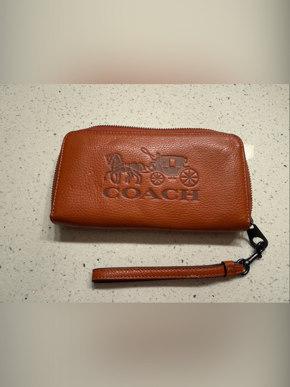 Coach Pebbled Leather Zip Wallet Wristlet in Cognac Brown
